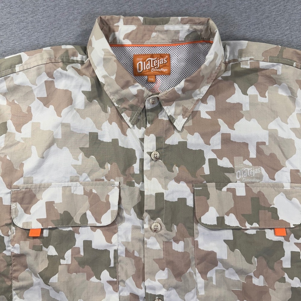 Old Tejas Shirt Mens 2XL Camo Texas AOP Camo Vented Fishing Hunting Outdoors